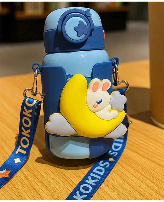 KIDS BASIC  Cute Bunny Design Sipper Bottle with Adjustable Strap - Leakproof & Portable for Kids - 500ml (Pink)