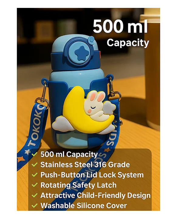 KIDS BASIC Cute Bunny Design Sipper Bottle with Adjustable Strap - Leakproof & Portable for Kids - 500ml