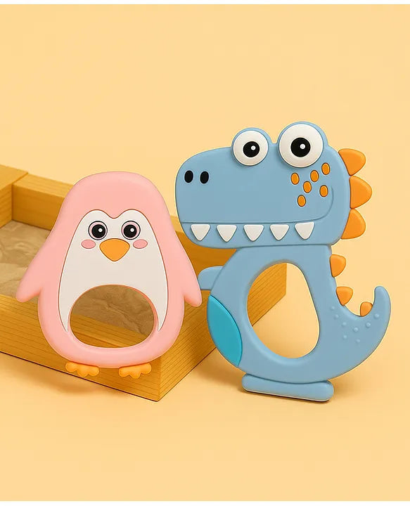 KIDS BASIC Dinosaur Shape & Reindeer Shape Silicone Teether , BPA Free & Safe for Babies (Pack of 2)