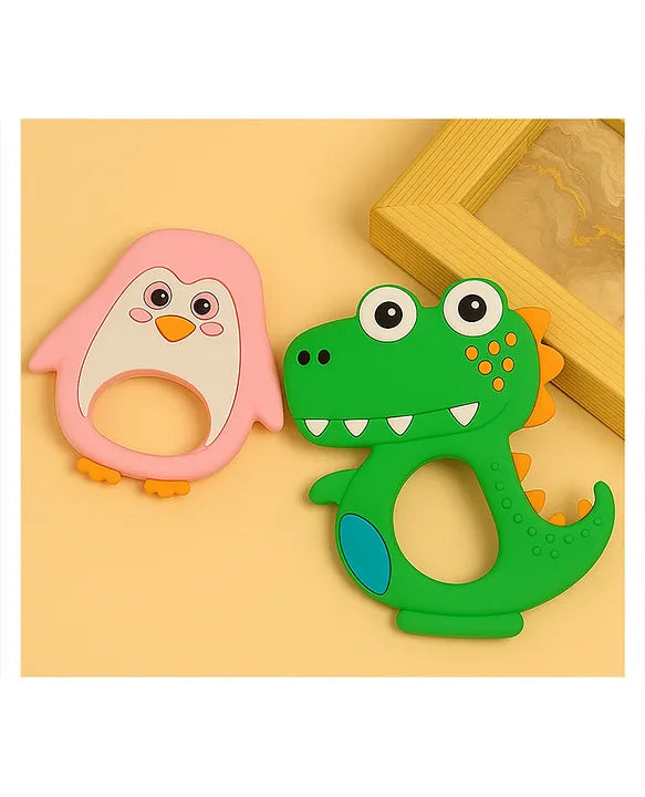 KIDS BASIC Dinosaur Shape & Reindeer Shape Silicone Teether , BPA Free & Safe for Babies (Pack of 2)