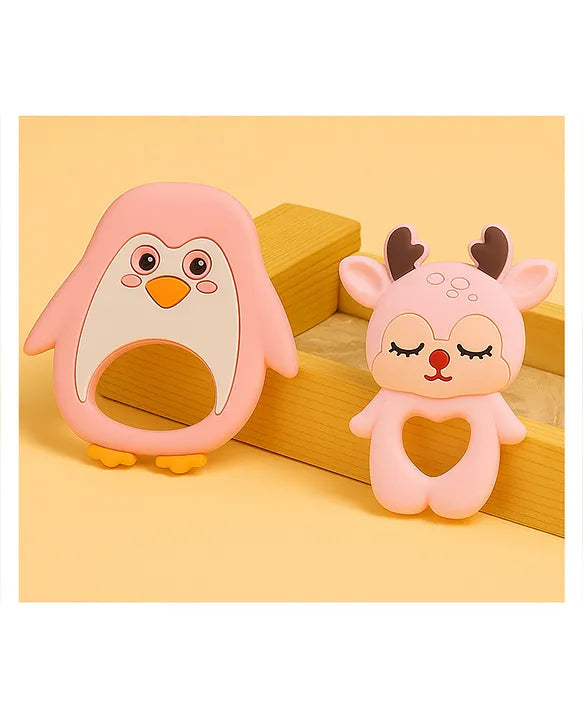 KIDS BASIC Dinosaur Shape & Reindeer Shape Silicone Teether , BPA Free & Safe for Babies (Pack of 2)