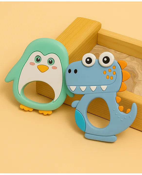 KIDS BASIC Dinosaur Shape & Reindeer Shape Silicone Teether , BPA Free & Safe for Babies (Pack of 2)