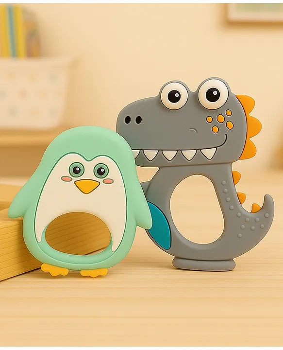 KIDS BASIC Dinosaur Shape & Reindeer Shape Silicone Teether , BPA Free & Safe for Babies (Pack of 2)