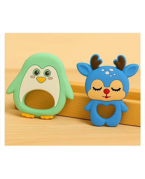 KIDS BASIC Dinosaur Shape & Reindeer Shape Silicone Teether , BPA Free & Safe for Babies (Pack of 2)