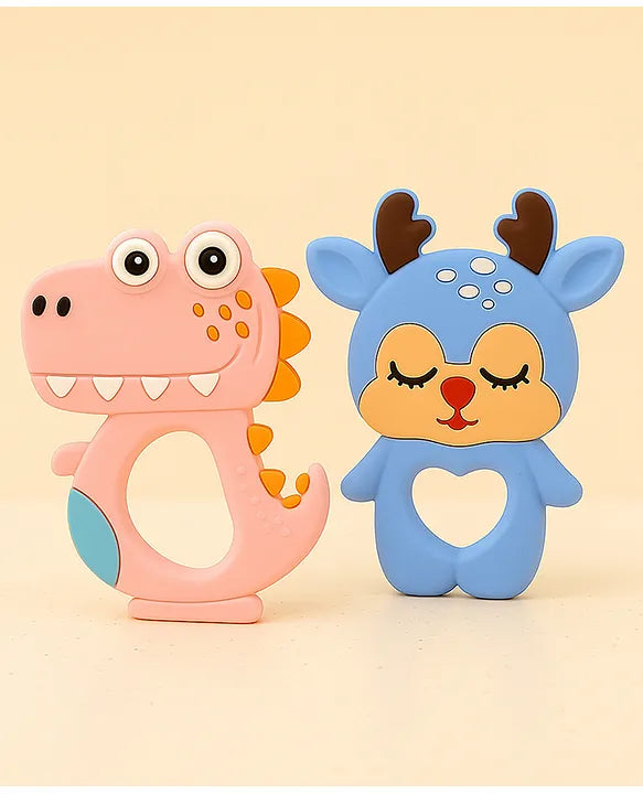 KIDS BASIC Dinosaur Shape & Reindeer Shape Silicone Teether , BPA Free & Safe for Babies (Pack of 2)