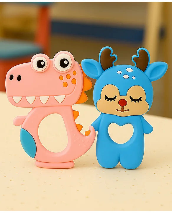 KIDS BASIC Dinosaur Shape & Reindeer Shape Silicone Teether , BPA Free & Safe for Babies (Pack of 2)