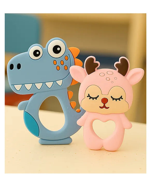 KIDS BASIC Dinosaur Shape & Reindeer Shape Silicone Teether , BPA Free & Safe for Babies (Pack of 2)