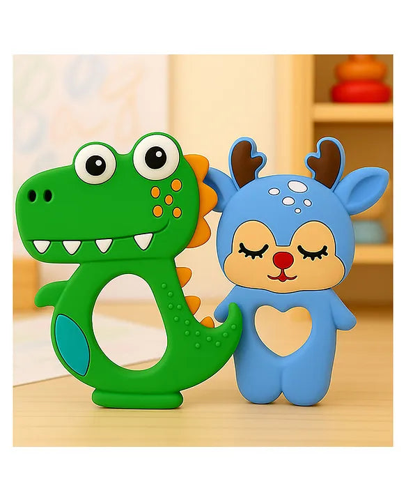 KIDS BASIC Dinosaur Shape & Reindeer Shape Silicone Teether , BPA Free & Safe for Babies (Pack of 2)