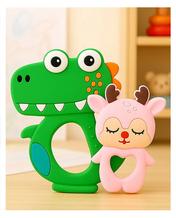 KIDS BASIC Dinosaur Shape & Reindeer Shape Silicone Teether , BPA Free & Safe for Babies (Pack of 2)