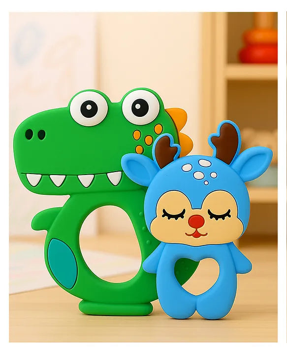 KIDS BASIC Dinosaur Shape & Reindeer Shape Silicone Teether , BPA Free & Safe for Babies (Pack of 2)