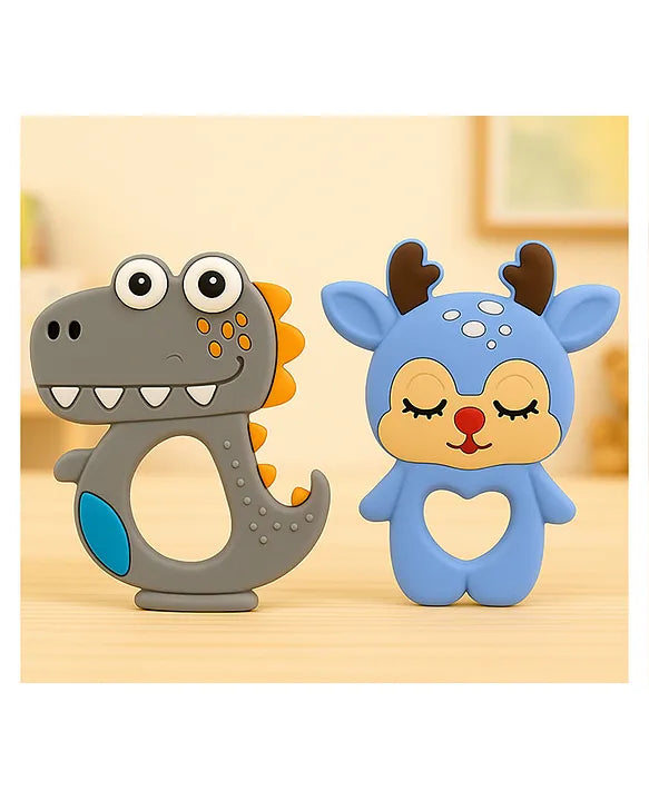 KIDS BASIC Dinosaur Shape & Reindeer Shape Silicone Teether , BPA Free & Safe for Babies (Pack of 2)