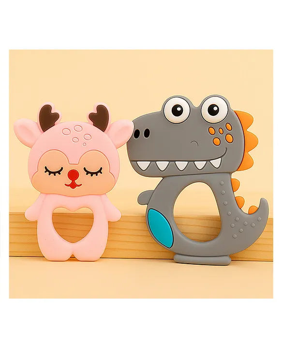 KIDS BASIC Dinosaur Shape & Reindeer Shape Silicone Teether , BPA Free & Safe for Babies (Pack of 2)