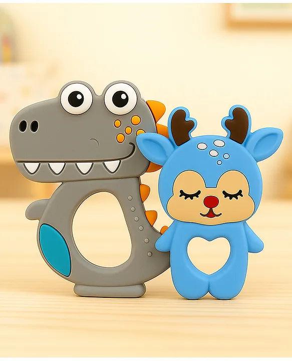 KIDS BASIC Dinosaur Shape & Reindeer Shape Silicone Teether , BPA Free & Safe for Babies (Pack of 2)