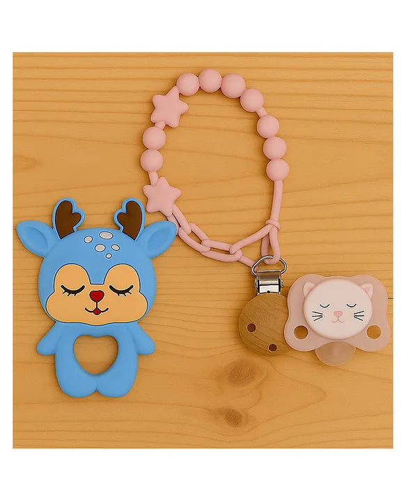 KIDS BASIC Baby Pacifier with Chain & Soft Reindeer Teether Combo ,Silicone, BPA Free