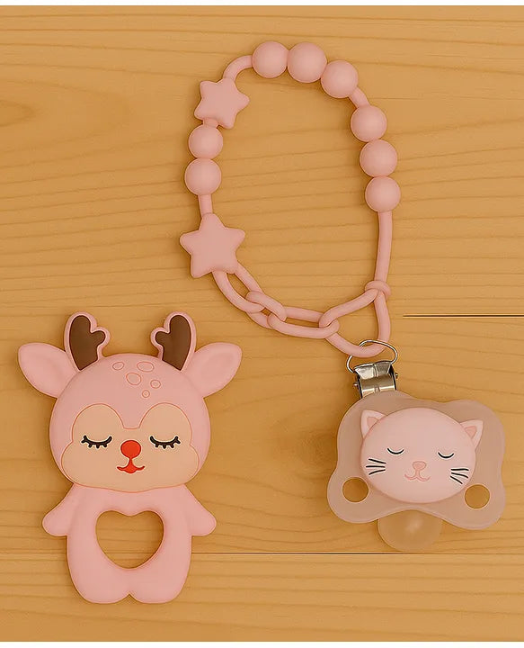 KIDS BASIC Baby Pacifier with Chain & Soft Reindeer Teether Combo ,Silicone, BPA Free
