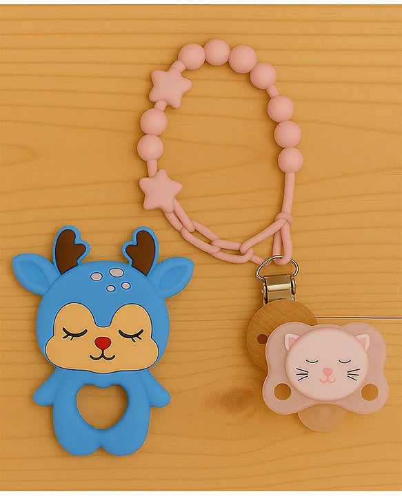KIDS BASIC Baby Pacifier with Chain & Soft Reindeer Teether Combo ,Silicone, BPA Free