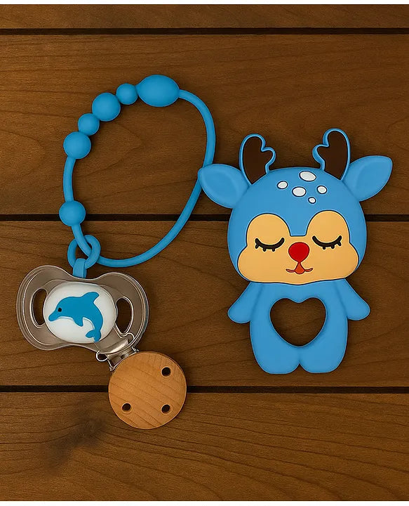 KIDS BASIC Baby Pacifier with Chain & Soft Reindeer Teether Combo ,Silicone, BPA Free