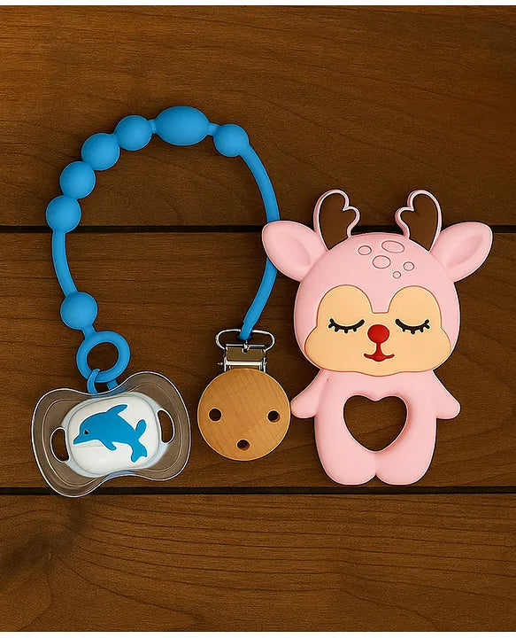 KIDS BASIC Baby Pacifier with Chain & Soft Reindeer Teether Combo ,Silicone, BPA Free