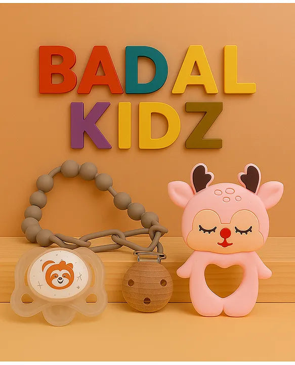 KIDS BASIC Baby Pacifier with Chain & Soft Reindeer Teether Combo ,Silicone, BPA Free