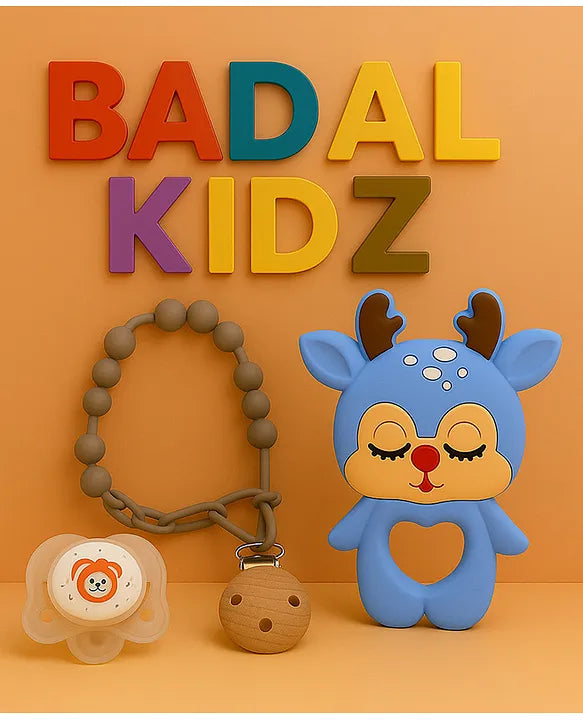 KIDS BASIC Baby Pacifier with Chain & Soft Reindeer Teether Combo ,Silicone, BPA Free
