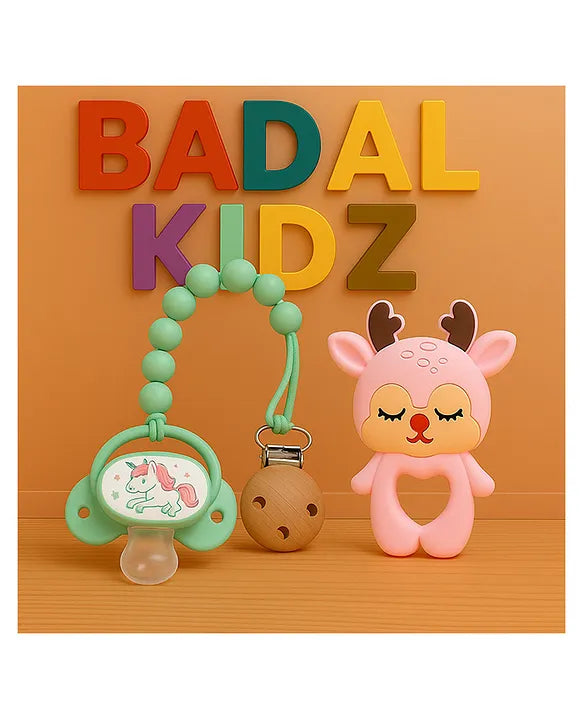 KIDS BASIC Baby Pacifier with Chain & Soft Reindeer Teether Combo ,Silicone, BPA Free