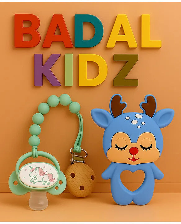 KIDS BASIC Baby Pacifier with Chain & Soft Reindeer Teether Combo ,Silicone, BPA Free