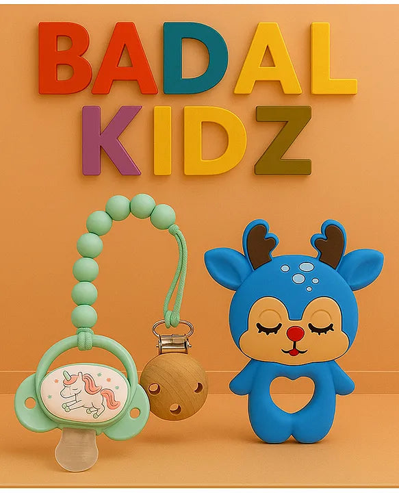 KIDS BASIC Baby Pacifier with Chain & Soft Reindeer Teether Combo ,Silicone, BPA Free