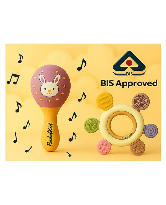 KIDS BASIC BIS Certified Wooden Teether & Wooden Rattle Combo , Natural, Safe & Eco-Friendly for Babies