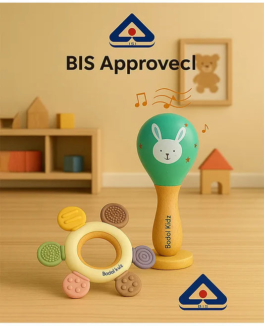 KIDS BASIC BIS Certified Wooden Teether & Wooden Rattle Combo , Natural, Safe & Eco-Friendly for Babies