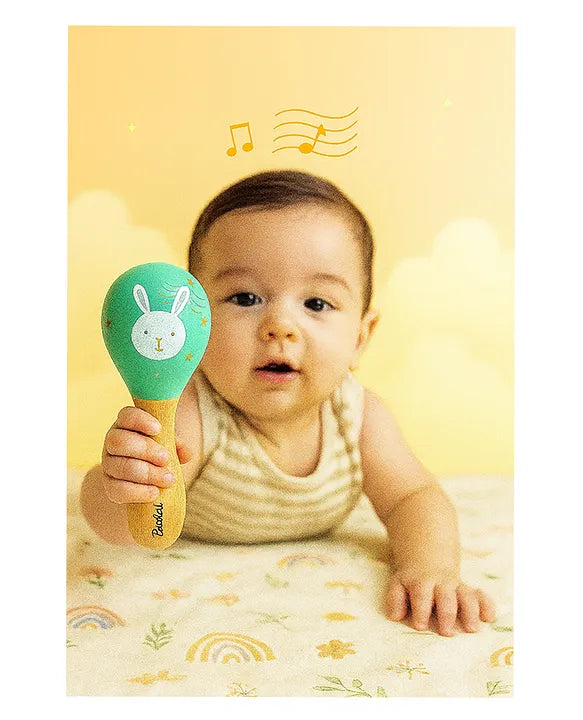 KIDS BASIC BIS Certified Wooden Teether & Wooden Rattle Combo , Natural, Safe & Eco-Friendly for Babies