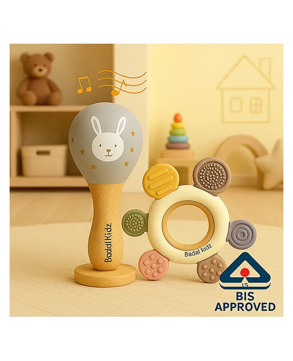 KIDS BASIC BIS Certified Wooden Teether & Wooden Rattle Combo , Natural, Safe & Eco-Friendly for Babies