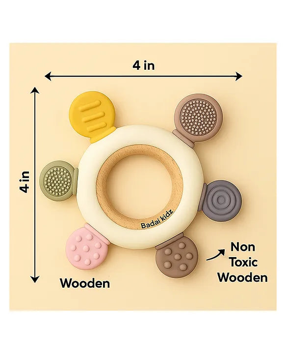 KIDS BASIC BIS Certified Wooden Teether & Wooden Rattle Combo , Natural, Safe & Eco-Friendly for Babies