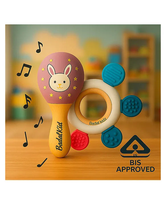 KIDS BASIC BIS Certified Wooden Teether & Wooden Rattle Combo , Natural, Safe & Eco-Friendly for Babies