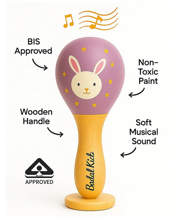 KIDS BASIC BIS Certified Wooden Teether & Wooden Rattle Combo , Natural, Safe & Eco-Friendly for Babies