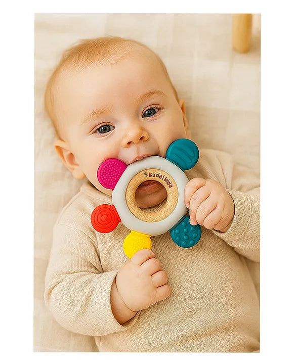 KIDS BASIC BIS Certified Wooden Teether & Wooden Rattle Combo , Natural, Safe & Eco-Friendly for Babies