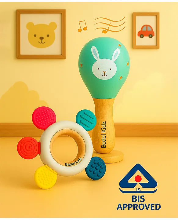 KIDS BASIC BIS Certified Wooden Teether & Wooden Rattle Combo , Natural, Safe & Eco-Friendly for Babies