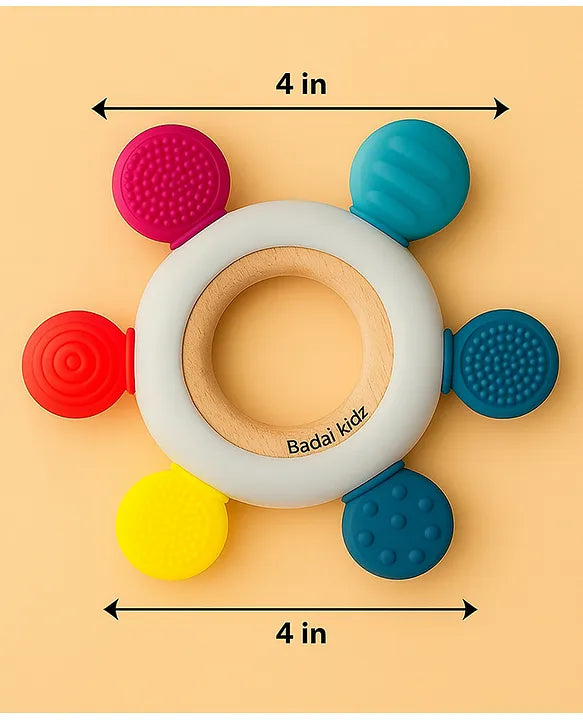 KIDS BASIC BIS Certified Wooden Teether & Wooden Rattle Combo , Natural, Safe & Eco-Friendly for Babies
