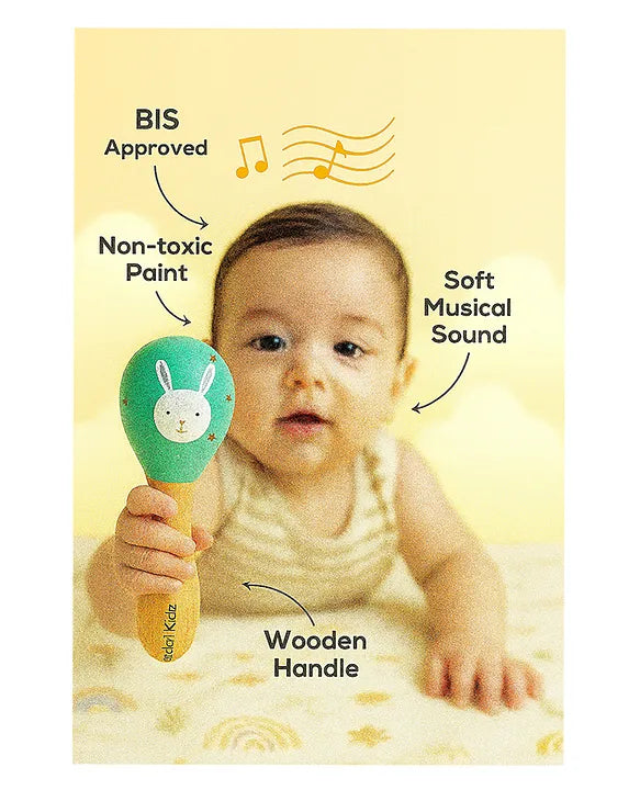 KIDS BASIC BIS Certified Wooden Teether & Wooden Rattle Combo , Natural, Safe & Eco-Friendly for Babies