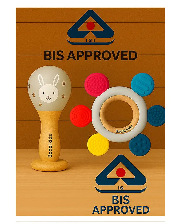 KIDS BASIC BIS Certified Wooden Teether & Wooden Rattle Combo , Natural, Safe & Eco-Friendly for Babies