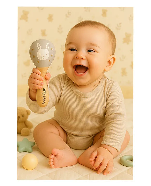 KIDS BASIC BIS Certified Wooden Teether & Wooden Rattle Combo , Natural, Safe & Eco-Friendly for Babies