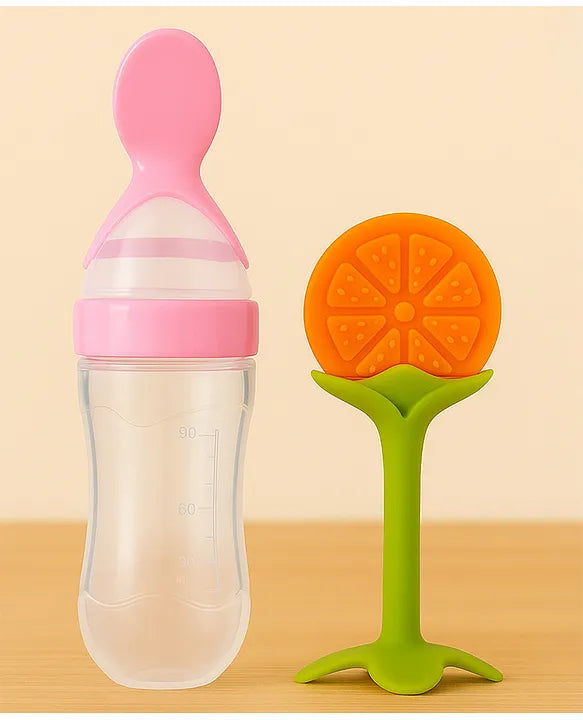 KIDS BASIC Baby Silicone Spoon Bottle with Soft Teether Feeder Combo , BPA Free Feeding Set