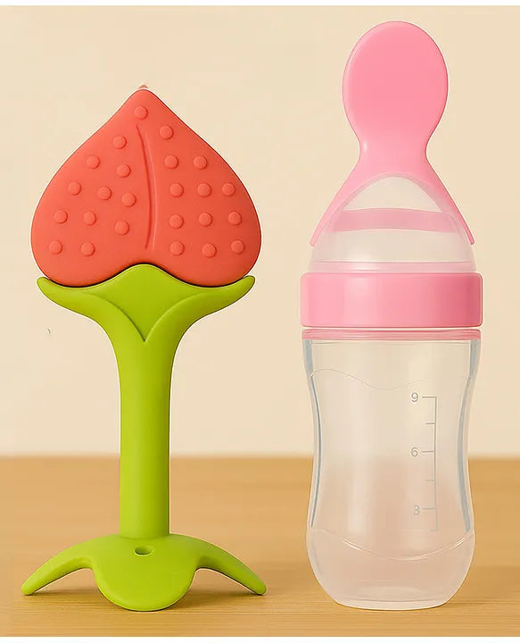 KIDS BASIC Baby Silicone Spoon Bottle with Soft Teether Feeder Combo , BPA Free Feeding Set