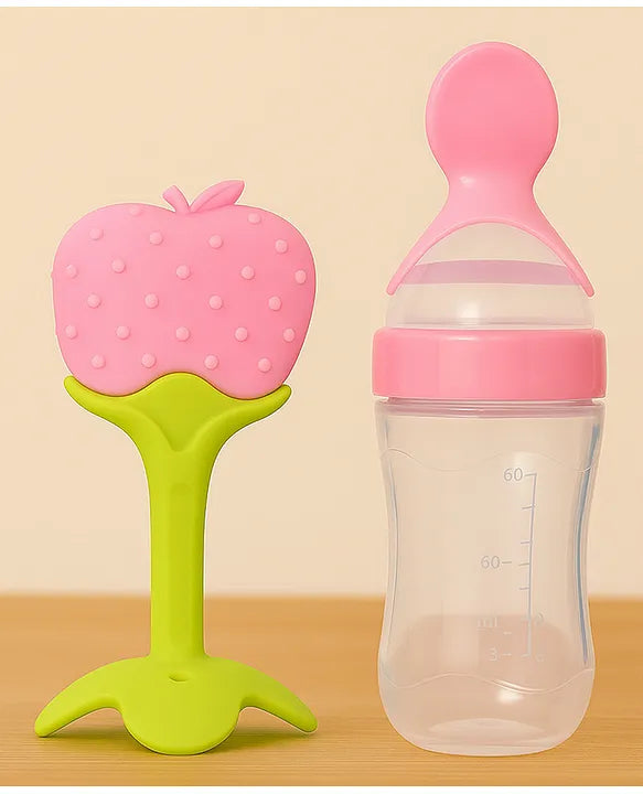 KIDS BASIC Baby Silicone Spoon Bottle with Soft Teether Feeder Combo , BPA Free Feeding Set