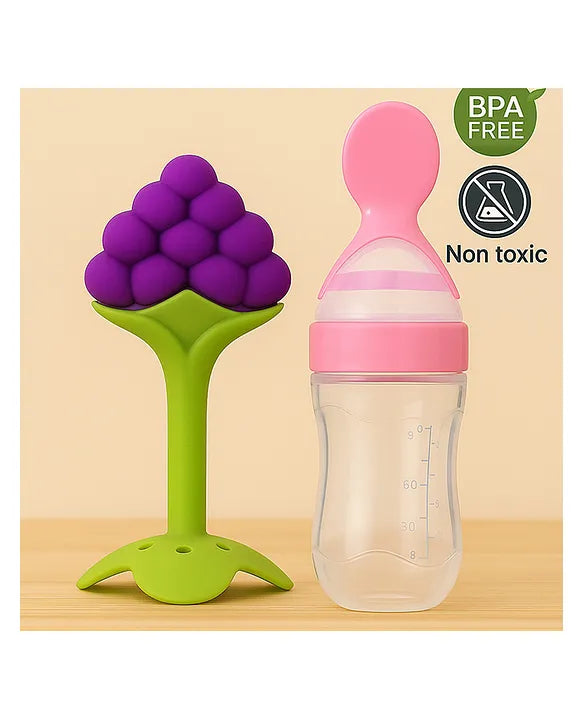 KIDS BASIC Baby Silicone Spoon Bottle with Soft Teether Feeder Combo , BPA Free Feeding Set