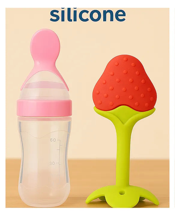 KIDS BASIC Baby Silicone Spoon Bottle with Soft Teether Feeder Combo , BPA Free Feeding Set