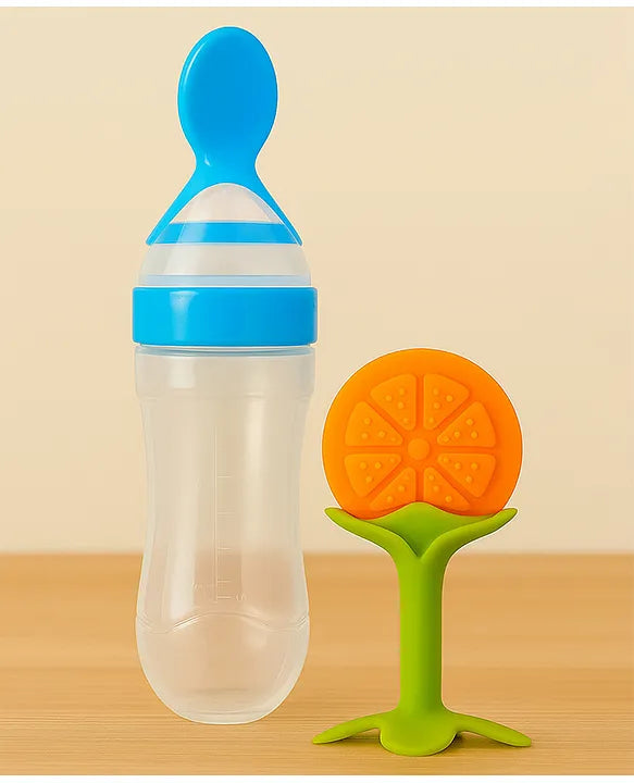 KIDS BASIC Baby Silicone Spoon Bottle with Soft Teether Feeder Combo , BPA Free Feeding Set
