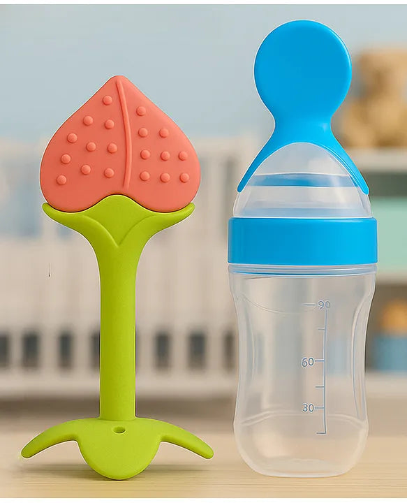 KIDS BASIC Baby Silicone Spoon Bottle with Soft Teether Feeder Combo , BPA Free Feeding Set
