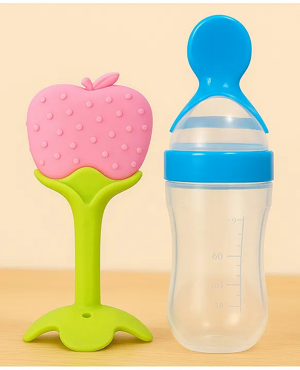 KIDS BASIC Baby Silicone Spoon Bottle with Soft Teether Feeder Combo , BPA Free Feeding Set