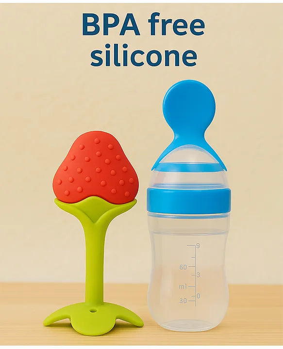 KIDS BASIC Baby Silicone Spoon Bottle with Soft Teether Feeder Combo , BPA Free Feeding Set