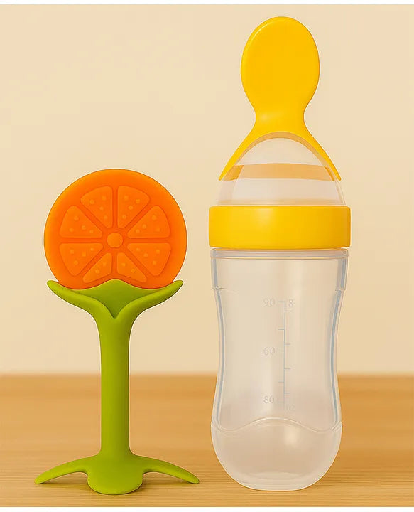 KIDS BASIC Baby Silicone Spoon Bottle with Soft Teether Feeder Combo , BPA Free Feeding Set